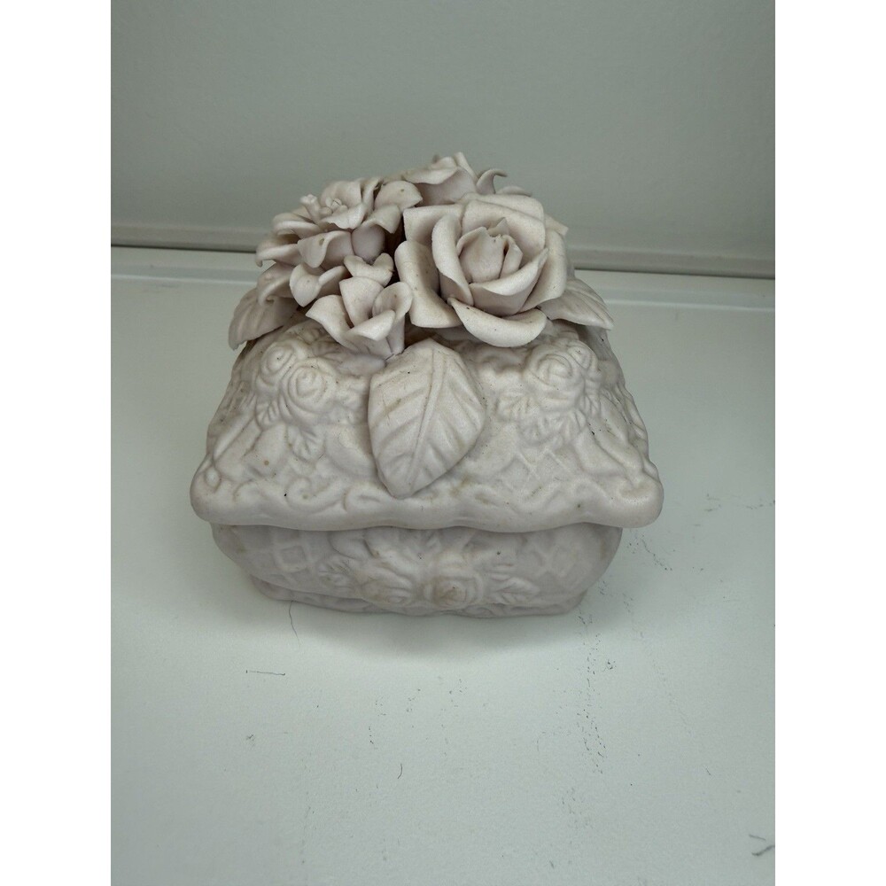 Vintage Porcelain Floral Trinket Box Pink Roses Square Jewelry Box
